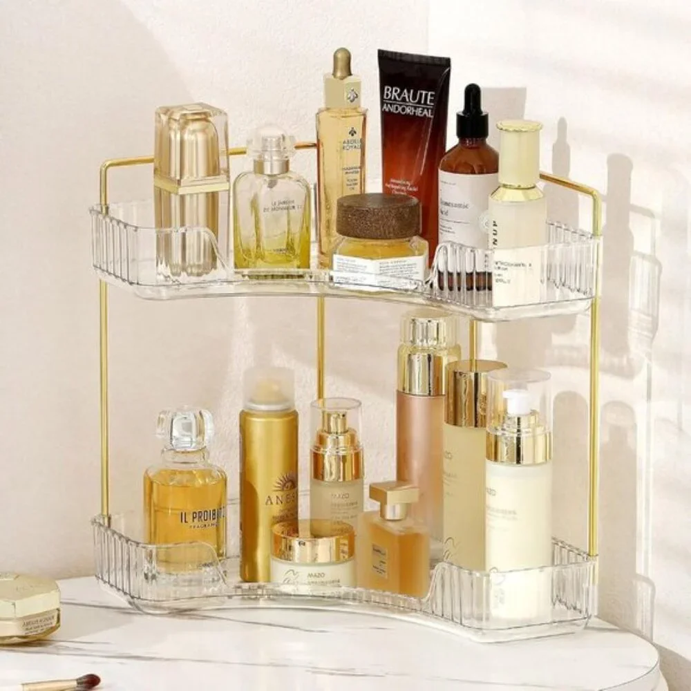 Clear White Corner Bathroom Organizer, 2-Tier Vanity Tray for Skincare & Makeup
